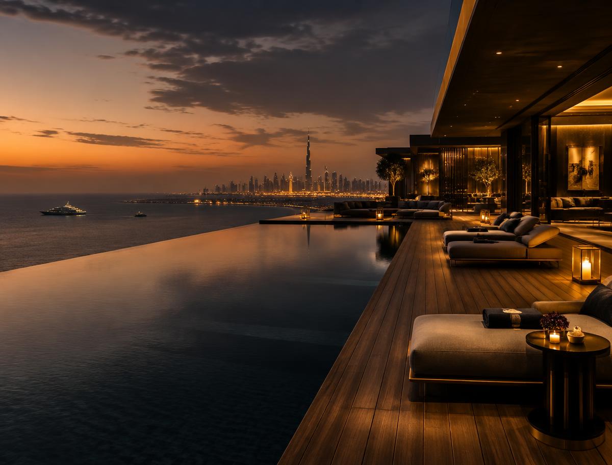 Infinity pool terrace overlooking the sea at dusk