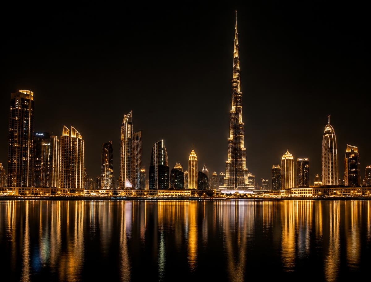 Dubai skyline at night in golden light