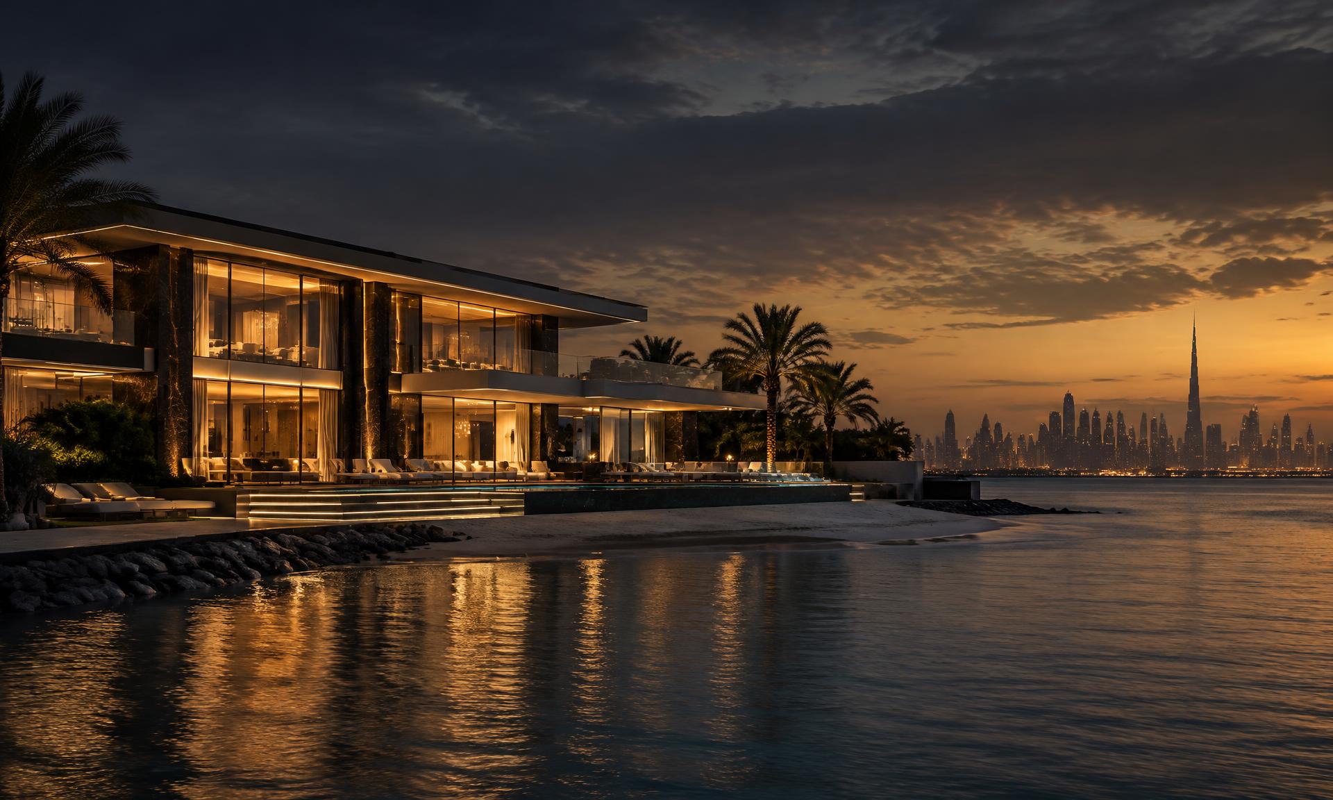 Sobha Sanctuary beachfront villa at dusk with the Dubai skyline beyond
